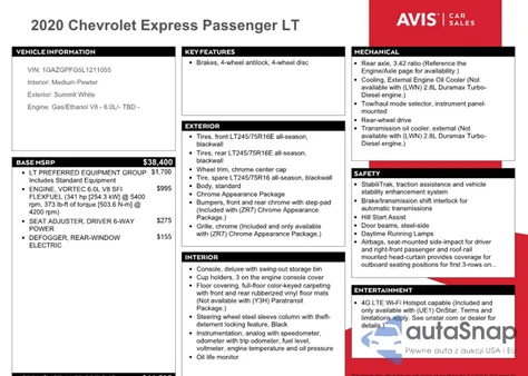2020 Chevrolet Express G3500 Lt from USA, damaged, VIN 1GAZGPFG5L1211055